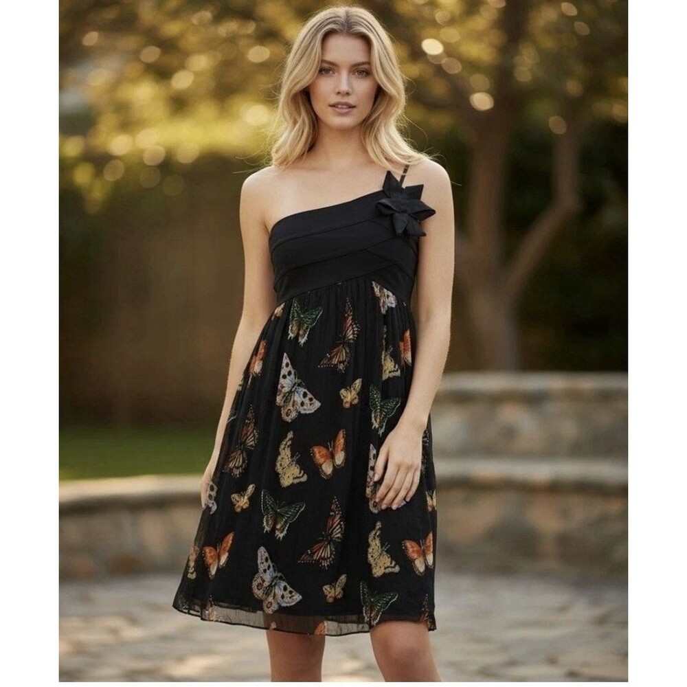 Max Studio Specialty Products Black Butterfly Silk One-Shoulder Mini Dress Sz M